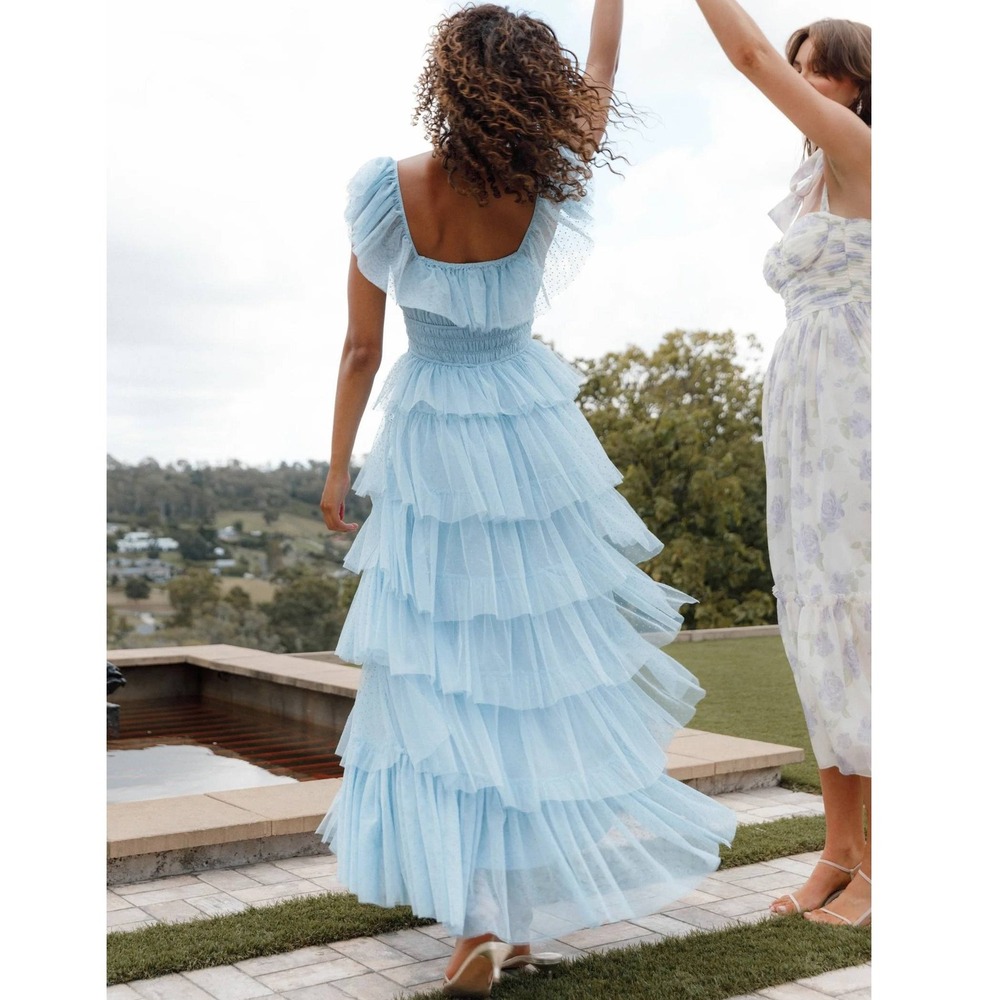NEW Petal & Pup Blue Belle Maxi Dress Tiered Ruffle Lace Balletcore Size Medium - Picture 2 of 13